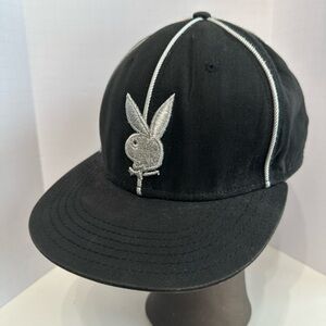 Rare Playboy Bunny Black Silver Fitted Hat Cap Size Large 100% Cotton